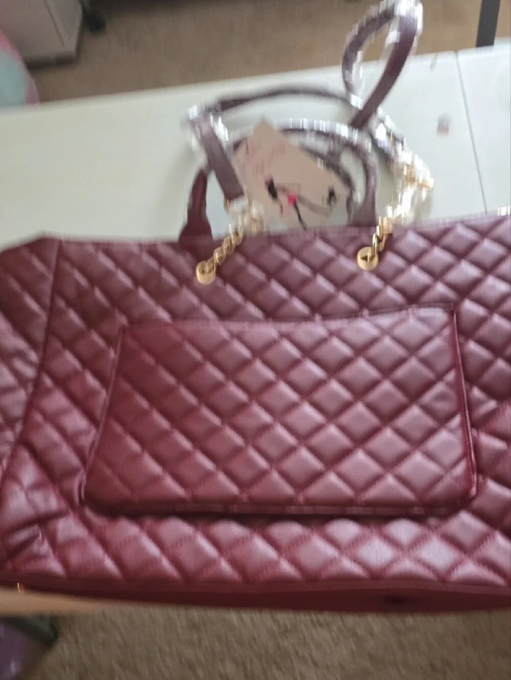 Quilted Tote Bag with Gold Chain Handles - Wine